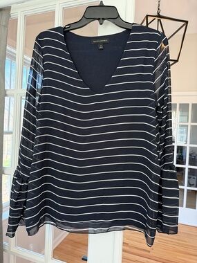 Banana Republic Navy and White Striped V-Neck Blouse